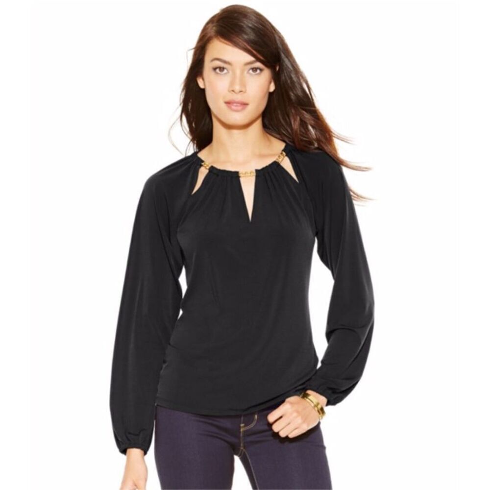 Michael Kors Black Cutout Silver Chain Tunic Top Blouse Women’s XL Long Sleeve